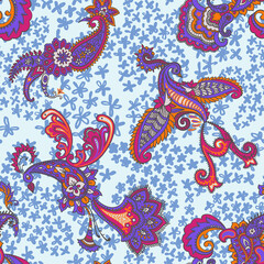 Obraz premium Paisley animal background. Seamless pattern with fantasy birds. Firebirds in Paisley style. Folk Oriental motif.