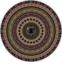 Vector colorful illustration of traditional stylized siberian ethnic circle mandala with ornaments and shaman in center, in shades of brown, Isolated on transparent background
