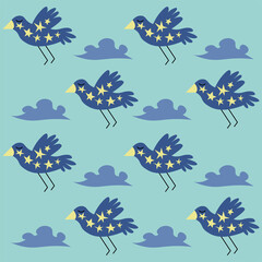 Fototapeta na wymiar vector seamless pattern with decorative kawaii blue birds, stars and clouds on blue background. For textile print, fabric and gift paper