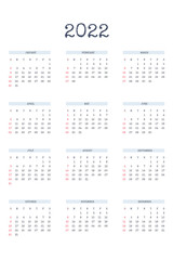 2022 calendar template in classic strict style with type written font. Monthly calendar individual schedule minimalism restrained design for business notebook. Week starts on sunday