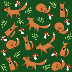 vector square seamless pattern for textile, fabric and gift paper. colorful illustration of cute kawaii cartoon foxes with leaves and mushrooms at the green background