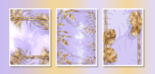 Cards set with watercolor and gold plants. Abstract art vector with gold elements. Effective cards with botanical leaves and organic shapes. Watercolor style. Space for your own design.