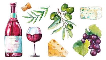 Hand-drawn watercolor sketches of red wine rolls, glasses of grapes. cheese, olives on an isolated white background