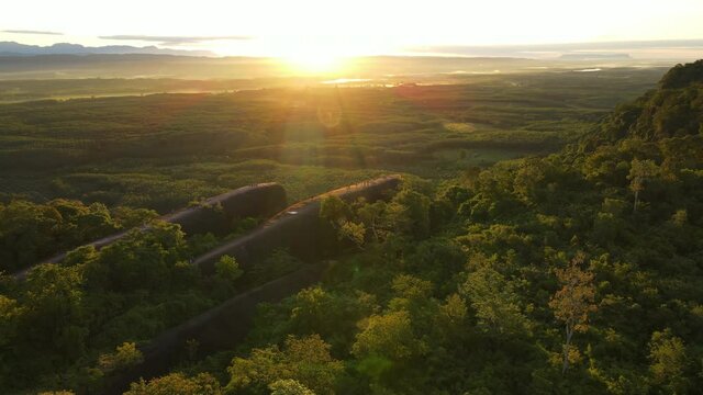 Aerial view point of interest of Exotic landscape and wonderful during morning sunrise over the Tree Whale Rocks (Hin Sam Wan)  famous tourist attraction at Bueng Kan province amazing Thailand 