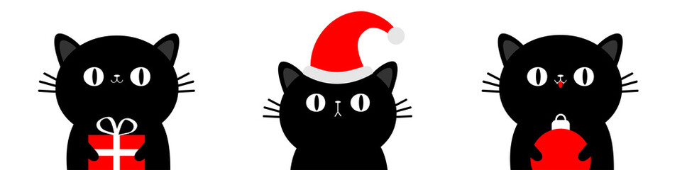 Cat Kitten kitty set holding red gift box, xmas ball. Merry Christmas. Cartoon kawaii character. Cute face icon. Red santa hat. Funny baby pet animal. Flat design. White background.