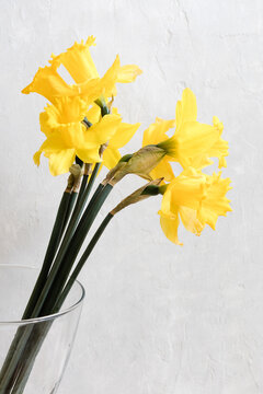 Bouquet of narcissus flowers in a vase in front of a light background.