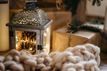 Christmas decorations hanging on fir tree. christmas tree detail