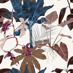 Abstract foliage seamless pattern, various plant and tree in brown blue colors on beige background.