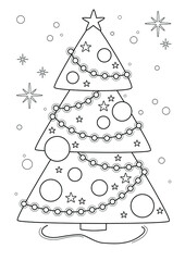 Cartoon page for coloring book with Christmas tree, hand-drawn vector illustration.