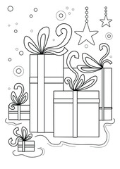 Cartoon page for coloring book with gift boxes, hand-drawn vector illustration.