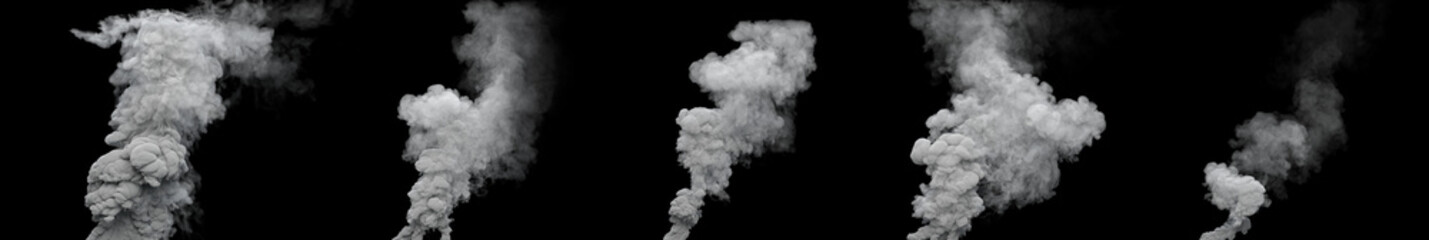 5 grey contamination smoke columns from forest fire on black, isolated - industrial 3D rendering