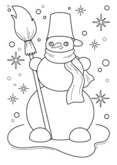 Cartoon page for coloring book with snowman, hand-drawn vector illustration.