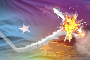 Obraz na płótnie Canvas Micronesia intercepted nuclear missile, modern antirocket destroys enemy missile concept, military industrial 3D illustration with flag