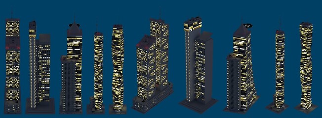 hi-tech fictional towers at dark time with lights turned on, isolated top view urban nightlife concept - 3d illustration of architecture