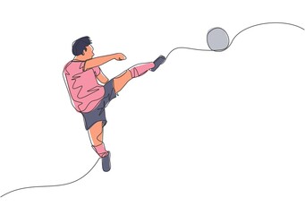 One single line drawing of young happy football player practice kicking the ball while jumping at the field stadium. Soccer match sports concept. Continuous line draw design vector illustration