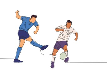 Fototapeta na wymiar One continuous line drawing of young football striker shooting the ball and the defender blocking the ball. Soccer match sports concept. Single line draw design vector illustration
