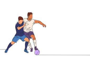 Plakat One continuous line drawing of two young energetic football player fighting for the ball at the game. Soccer match sports concept. Single line draw design vector illustration