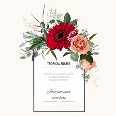 Romantic red creamy orange flowers roses and gerbera flower and herbs bouquet bride wedding invitation template design. Light vintage background.