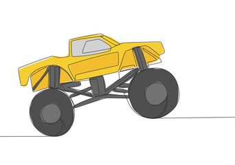 Single line drawing of 4x4 wheel steering monster truck car for competition and tournament. Adventure offroad vehicle transportation concept. One continuous line draw design