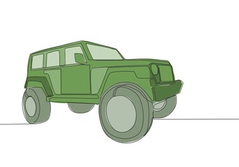 Single line drawing of 4x4 wheel drive tough jeep trail car. Adventure offroad rally vehicle transportation concept. One continuous line draw design © Simple Line