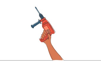 One single line drawing of man holding electric hand drill machine. Handyman tools concept. Continuous line draw vector design illustration