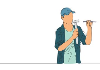 Single continuous line drawing of young attractive male handyman nailing wall with a hammer. Home renovation service concept one line draw design illustration