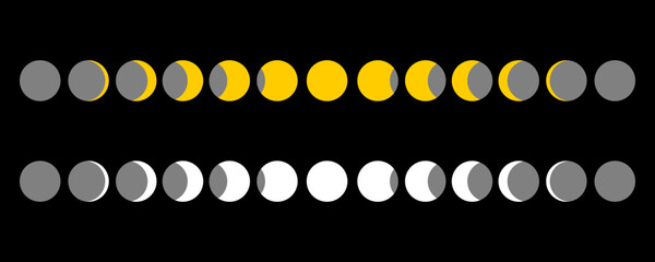 Moon different phases or lunar phases yellow and white on black background flat vector design icon.