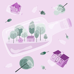 Village, houses and trees in bottle in green, violet, purple colors vector illustration