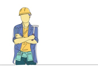 One continuous line drawing of young handsome craftsman holding hammer and pose crossing hands on chest. House maintenance service concept single line draw design illustration