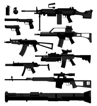Isolated vector silhouettes of firearms and infantry weapons with optional details.
