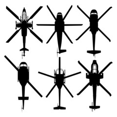 Isolated vector silhouettes of military transport helicopters and combat helicopters. Top view. © Patrick Ellis