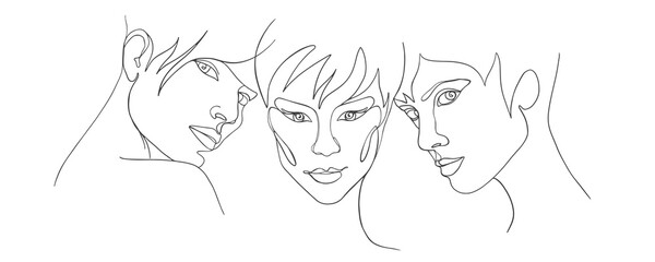 Group portrait of a woman in one line with space for text. Design templates for social media stories and bloggers, simple stylish beauty salon logo, badge, label, posters, t-shirts, avatars.