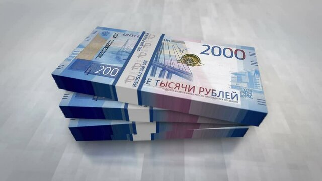Russian Ruble money pile pack. Concept background of economy, banking, business, crisis, recession, debt and finance in Russia. 2000 RUB banknotes stacks animation.