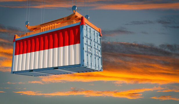Shipping container with Indonesia national flag. 3D Rendering 