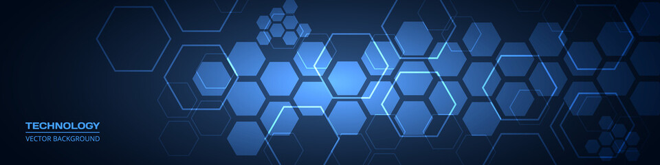 Dark blue technology abstract wide background with hexagonal elements. Abstract hexagon medical navy blue horizontal banner. Innovation medicine, science, technology or higher intelligence design.