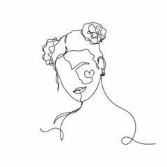 Vector continuous one single line drawing icon of beautiful woman in silhouette on a white background. Linear stylized.
