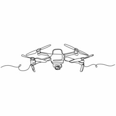 Vector continuous one single line drawing icon of quadcopter camera drone in silhouette on a white background. Linear stylized.