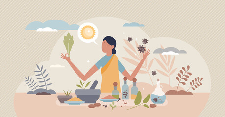 Ayurvedic medicine as alternative holistic body healing tiny person concept. Indian culture practice with herbs and spices eating for spiritual health, wellness and mindfulness vector illustration.