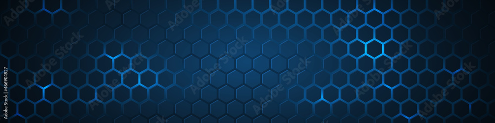 Poster dark blue technology hexagonal vector background. abstract blue bright energy flashes under hexagon 