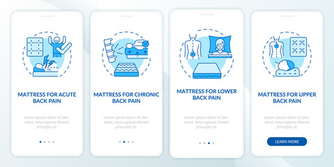 Mattresses for back pain blue onboarding mobile app page screen. Comfortable sleep walkthrough 4 steps graphic instructions with concepts. UI, UX, GUI vector template with linear color illustrations