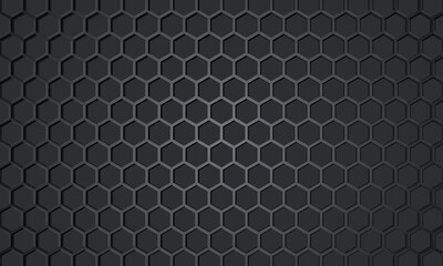 Dark gray 3D hexagon carbon fiber metallic textured vector background. Grey honeycomb metal texture steel background. Dark gray hexagonal 3D metal texture. Web design template. Vector illustration.
