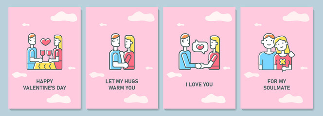 Fototapeta premium Valentines day greeting card with color icon element set. Romantic gift for partner. Postcard vector design. Decorative flyer with creative illustration. Notecard with congratulatory message pack