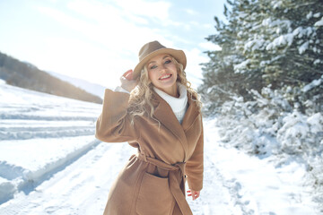Fototapeta na wymiar Woman travels in winter. Beautiful girl in the winter in nature. High quality photo