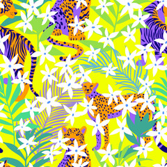 Seamless pattern with African animals. Leopard and tiger around exotic tropical leaves mixed with daisy flowers. Wildlife jungle background in trendy flat style.