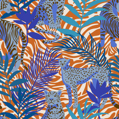 Seamless pattern with African animals. Leopard and tiger around exotic tropical leaves on decorative zebra striped skin background. Wildlife jungle background in trendy flat style.