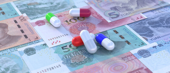 China healthcare and medicine budget. Pills on Chinese yuan banknotes. 3d illustration