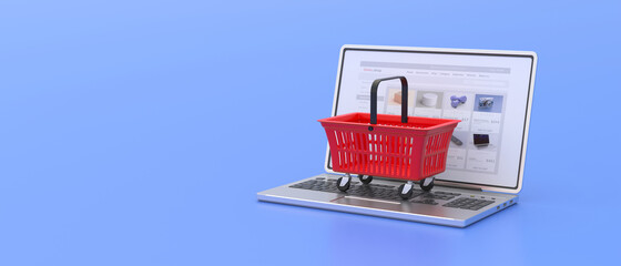 Eshop, ecommerce, shopping groceries online. Supermarket basket on a laptop. 3d illustration