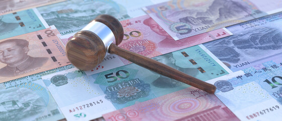Chinese justice, judge gavel on China Yuan renminbi bill banknotes background. 3d illustration
