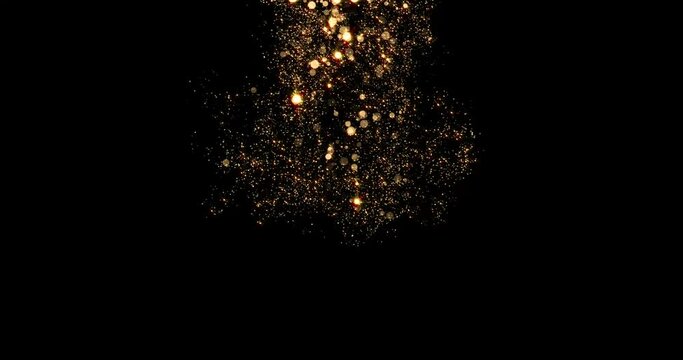 Gold flow and golden glitter smoke particles background, shimmer glow or dust light spray. Golden fragrance flow effect with magic glitter fluid sparkles and shine gleaming flares