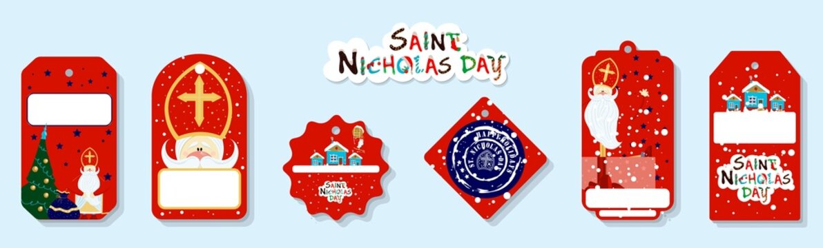 Bright festive paper price tags or gift tags of various shapes. Set of stickers for the day of St. Nicholas. St. Nicholas Day, Mikulas, Sinterklaas Eve. Gift tags
